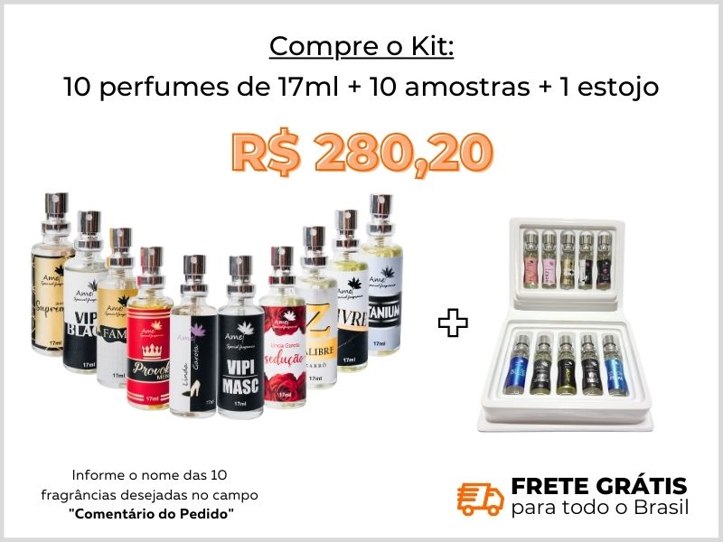 Kit com 10 perfumes de 17ml + 1 estojo + 10 amostras + frete grtis + site + loja