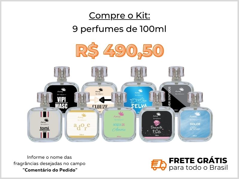 Kit com 9 perfumes de 100ml + frete grtis + site + loja virtual Amei Cosmticos