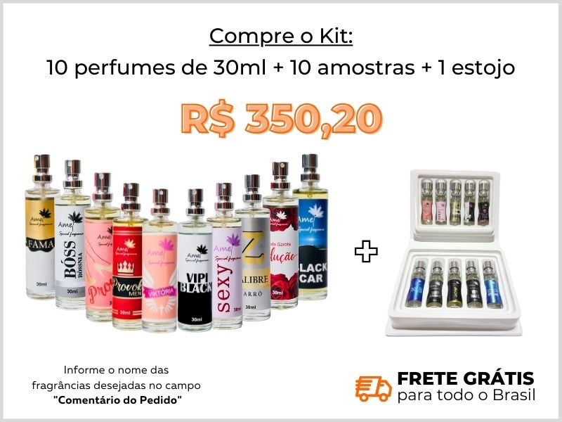 Kit com 10 perfumes de 30ml + 1 estojo + 10 amostras + frete grtis + site + loja